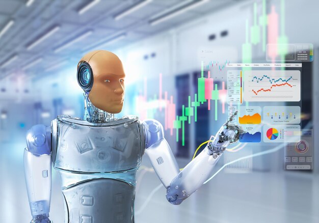 Concepto de tecnología financiera con robot analiza el mercado de valores