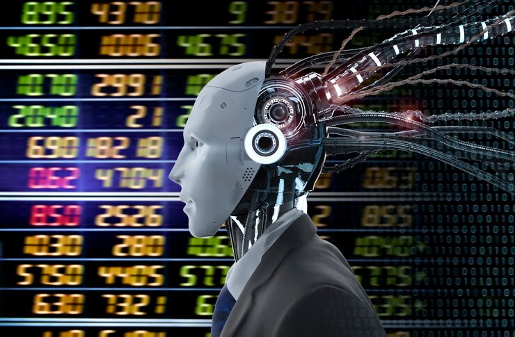 Foto concepto de tecnología financiera con robot humanoide de representación 3d analizar mercado de valores