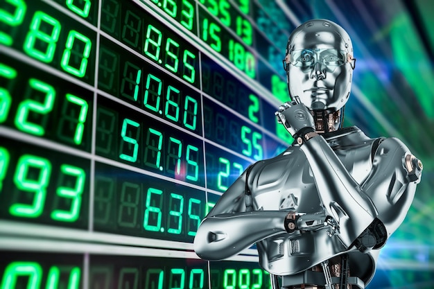 Concepto de tecnología financiera con robot de renderizado 3d analiza el mercado de valores