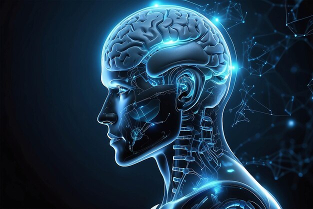 Foto concepto de tecnología de fondo abstracto en luz azul cerebro y cuerpo humano tecnología de curación ciencia médica moderna en el futuro y mundial médica internacional con análisis de pruebas clon adn humano