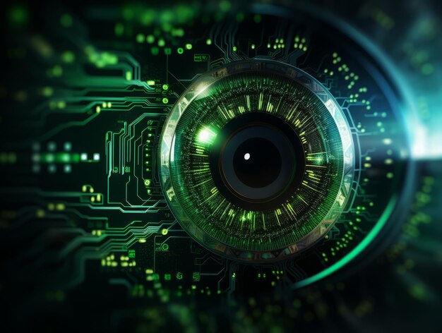 Concepto de tecnología futura del circuito cibernético del ojo sobresaliente