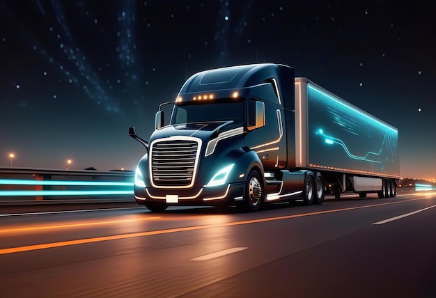 Concepto de tecnología futurista Semi camión autónomo con trailers de carga