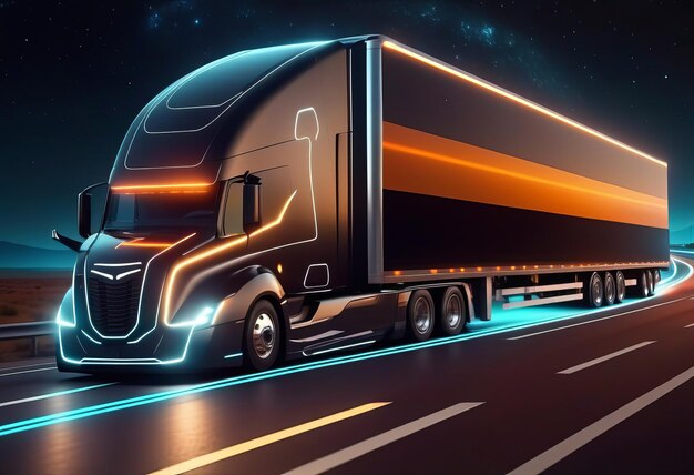 Concepto de tecnología futurista Semi camión autónomo con trailers de carga