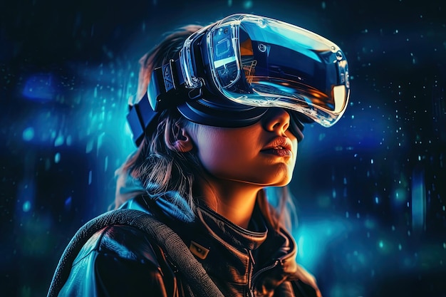 Concepto de tecnología de gafas VR con dispositivo de gafas portátiles Realidad virtual experiencia inmersiva futurista AI generado
