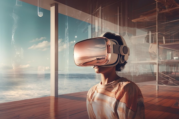 Concepto de tecnología de gafas VR con dispositivo de gafas portátiles Realidad virtual experiencia inmersiva futurista IA generada