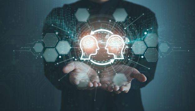 Concepto de tecnología de la información digital Empresario tocando la pantalla de inteligencia artificial AI