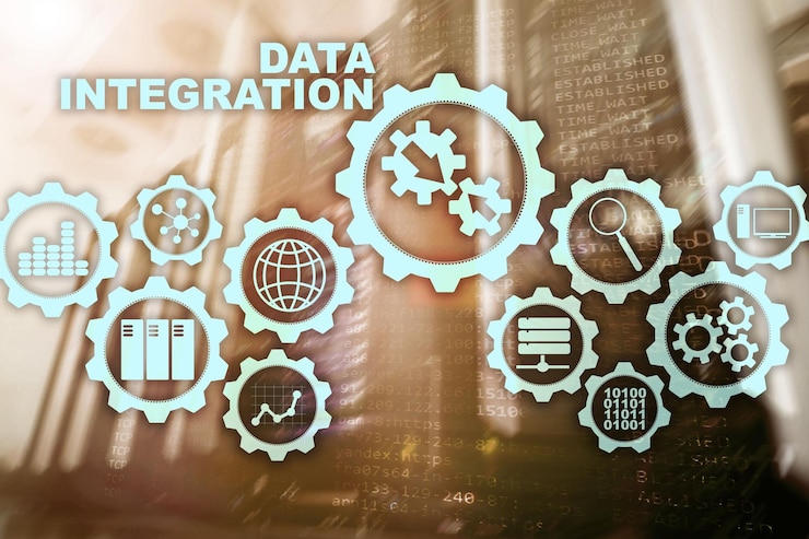 Foto concepto de tecnología de la información empresarial de integración de datos en el fondo de la sala de servidores