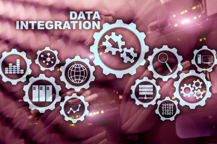 Foto concepto de tecnología de la información empresarial de integración de datos en el fondo de la sala de servidores