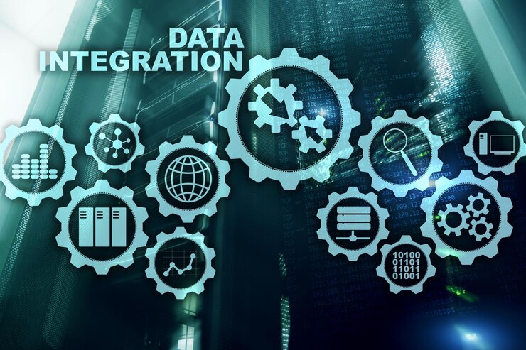 Foto concepto de tecnología de la información empresarial de integración de datos en el fondo de la sala de servidores