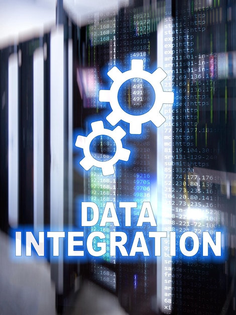 Concepto de tecnología de la información de integración de datos en el fondo de la sala de servidores