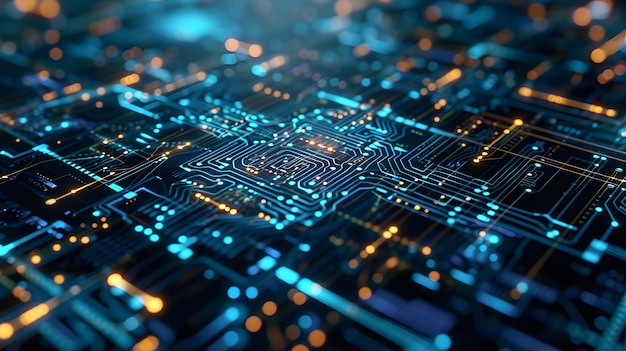 Concepto de tecnología informática Circuito integrado azul con iconos Tecnología futurista de procesamiento de datos