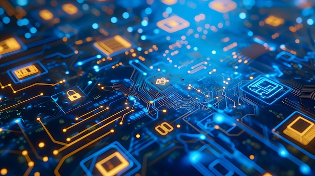 Concepto de tecnología informática Circuito integrado azul con iconos Tecnología futurista de procesamiento de datos