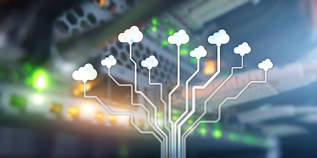 Concepto de tecnología informática en la nube Banner conceptual sobre fondo de rack de servidor