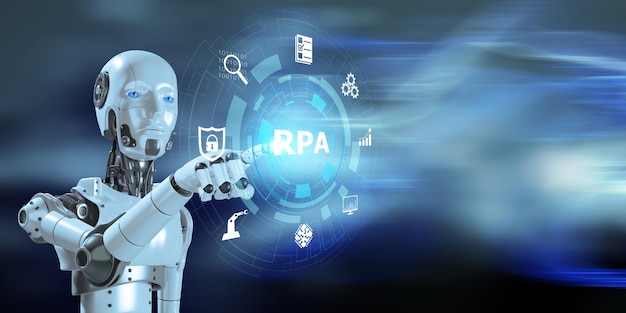 Concepto de tecnología de innovación de automatización de procesos robóticos RPA en pantalla virtual Big data y negocios