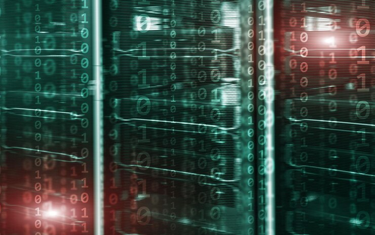Foto concepto de tecnología de internet digital de matriz de código binario en el fondo de la sala de servidores