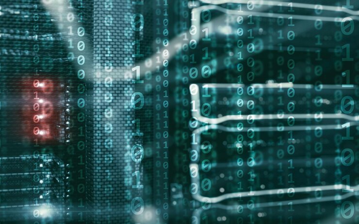 Foto concepto de tecnología de internet digital de matriz de código binario en el fondo de la sala de servidores