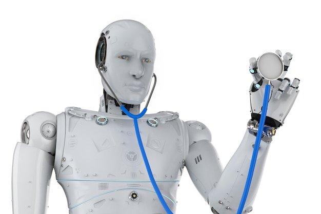 Concepto de tecnología médica con mano de robot o estetoscopio de mano cyborg