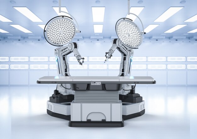Concepto de tecnología médica con máquina de cirugía robótica