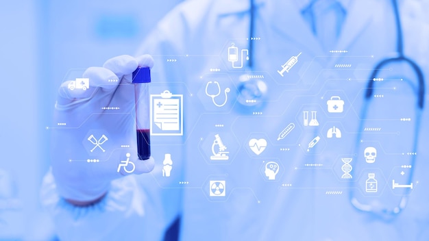 Foto concepto de tecnología médica. muestra de investigación de ciencias genéticas de adn de análisis médico en laboratorio.