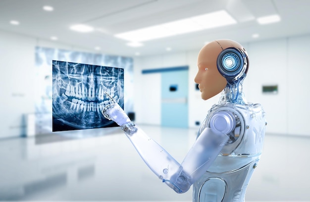 Concepto de tecnología médica con robot de IA que analiza la tomografía de rayos X de los dientes