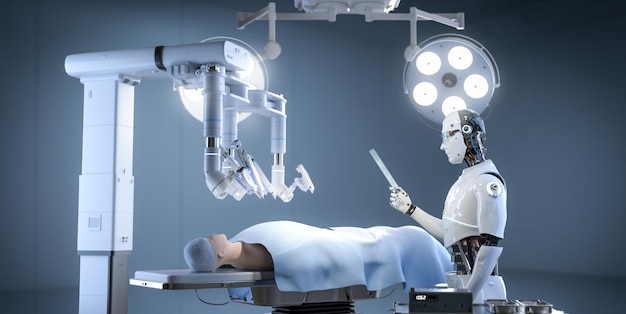 Concepto de tecnología médica con robot médico con cirugía asistida por robot en sala de operaciones