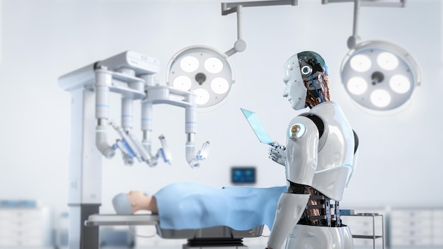 Concepto de tecnología médica con robot médico con cirugía asistida por robot en sala de operaciones
