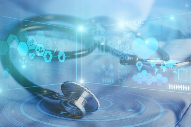 Concepto de tecnología médica y sanitaria con ilustración.
