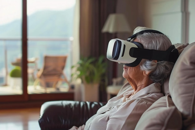 concepto de tecnología mujer anciana linda usando gafas de realidad virtual en la sala de estar