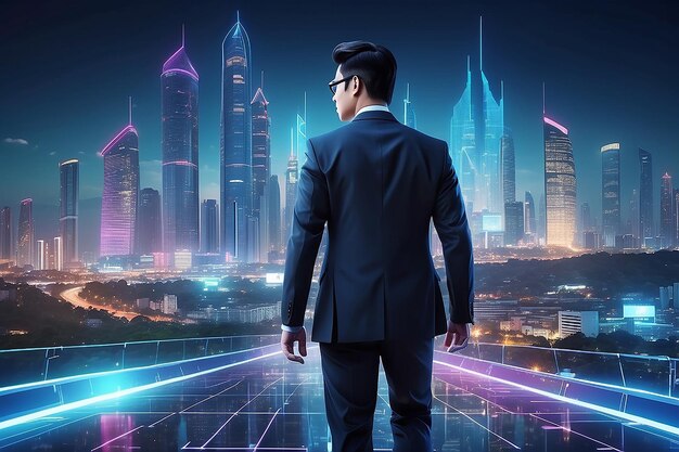 Foto concepto de tecnología de negocios hombre de negocios profesional caminando en el futuro de la ciudad de pattaya telón de fondo y interfaz futurista gráfico por la noche