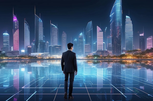 Foto concepto de tecnología de negocios hombre de negocios profesional caminando en el futuro de la ciudad de pattaya telón de fondo y interfaz futurista gráfico por la noche