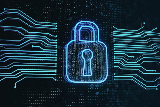Concepto de tecnología de protección cibernética y seguridad de Internet con símbolo de candado digital entre líneas de circuitos informáticos en representación 3D de fondo tecnológico oscuro