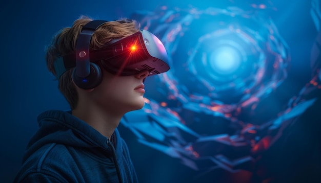 concepto de tecnología de realidad virtual gráfico de un jugador que lleva VR montado en la cabeza jugando un juego