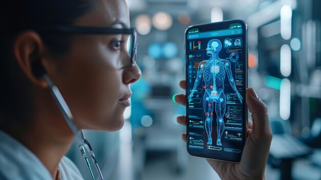 Concepto de tecnología sanitaria que implica telemedicina o aplicaciones médicas en línea con interfaces médicas