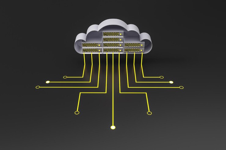 Foto concepto de tecnología de servicio en la nube con circuito de nube gris y cables amarillos
