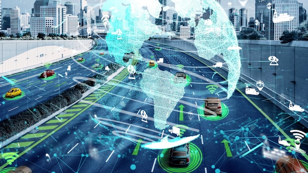 Concepto de tecnología de transporte inteligente para el tráfico de automóviles en el futuro en la nueva carretera de la ciudad