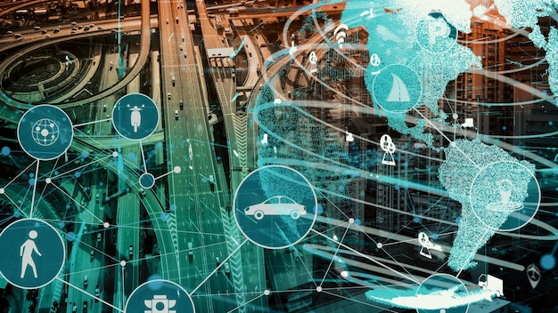 Concepto de tecnología de transporte inteligente para el tráfico de automóviles en el futuro en la nueva carretera de la ciudad