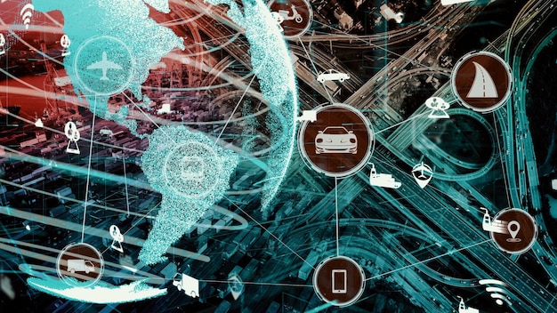 Foto concepto de tecnología de transporte inteligente para el tráfico de automóviles en el futuro en la nueva carretera de la ciudad