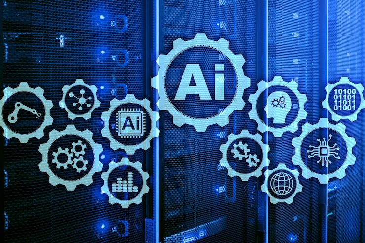 Foto concepto de tecnologías empresariales de alta tecnología de inteligencia artificial fondo de sala de servidores futurista ai