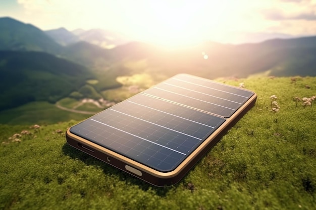 Concepto de tecnologías modernas y banco de energía Célula solar portátil para excursiones en la naturaleza Aparatos modernos alimentados por energía renovable Tecnologías sostenibles para la ecología Cerrar