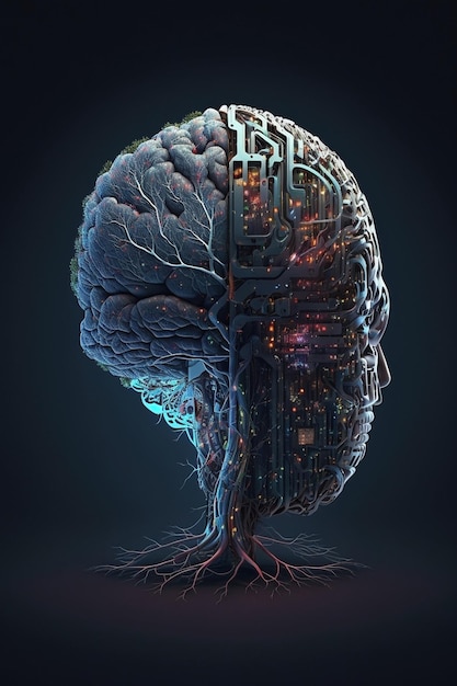 Concepto tecnológico de una cabeza y cerebro futuristas de inteligencia artificial de alta tecnología