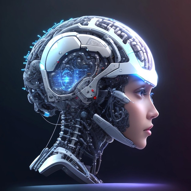 Concepto tecnológico de una cabeza y cerebro de inteligencia artificial de alta tecnología futurista