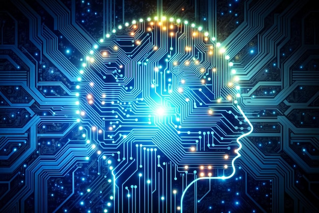 Foto concepto tecnológico de cerebro y aprendizaje automático tabla de circuitos abstractos