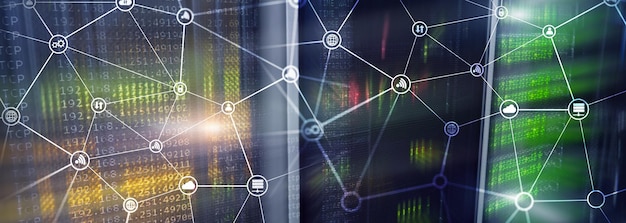 Concepto de telecomunicaciones con estructura de red abstracta y fondo de sala de servidores