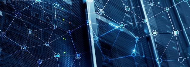 Concepto de telecomunicaciones con estructura de red abstracta y fondo de sala de servidores