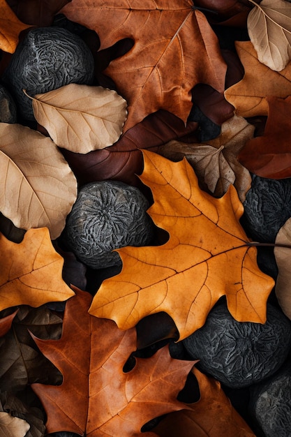 Concepto de temporada de otoño Primer plano fotorealista de hojas caídas creado con IA generativa