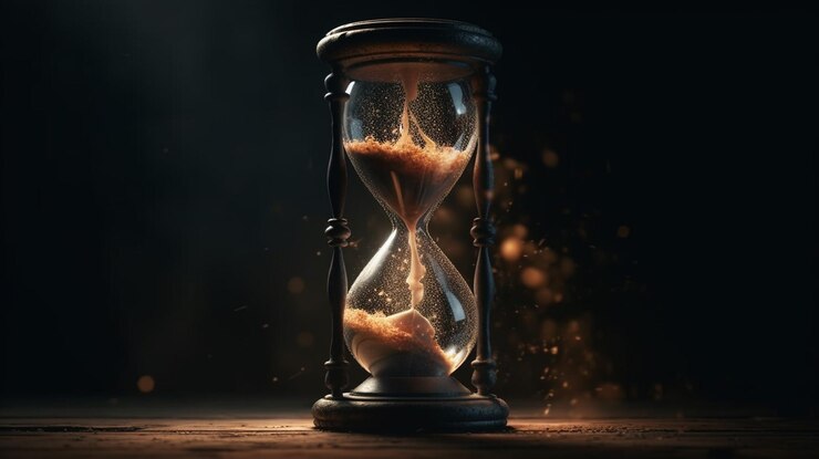 Concepto de tiempo Reloj de arena con arena sobre fondo de niebla en tonos oscuros ai generativo