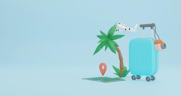 Concepto de tiempo para viajar en estilo de dibujos animados en 3D con maleta y accesorio de viaje Representación 3D