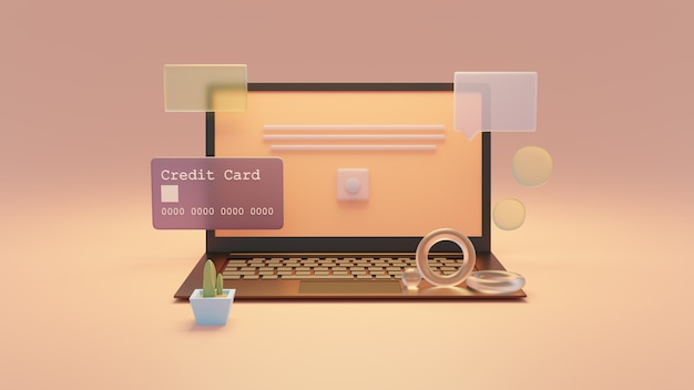 Concepto de tienda online portátil 3D. transacción de seguridad de pago en línea mediante tarjeta de crédito.