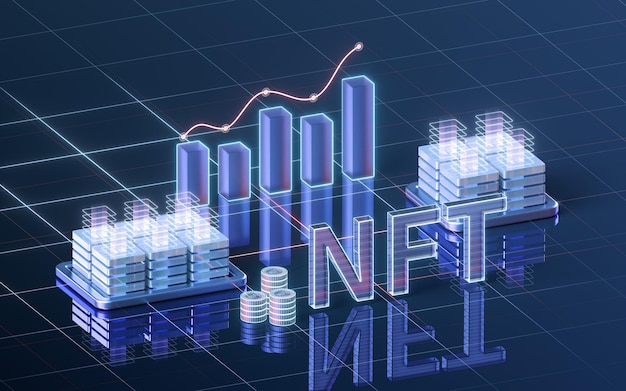 Concepto de tokens no fungibles NFT con renderizado 3d de fondo oscuro