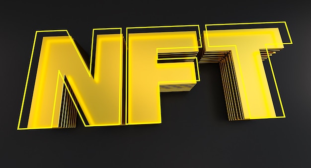 Concepto de tokens no fungibles NFT sobre fondo negro. Render 3D